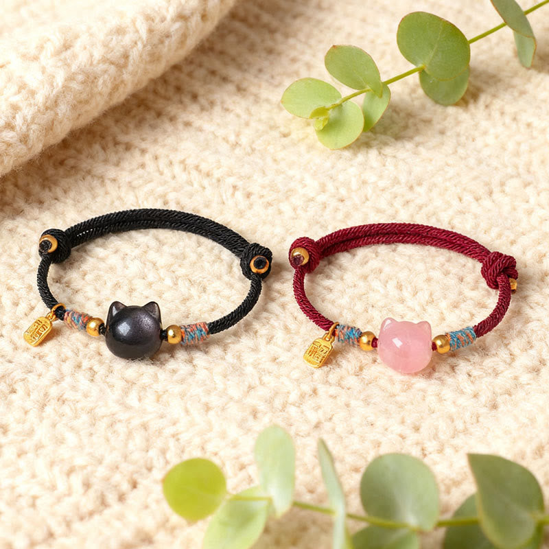 Armband Silber Obsidian Kristall Fu-Zeichen Schutz Katze rosa schwarz Glück