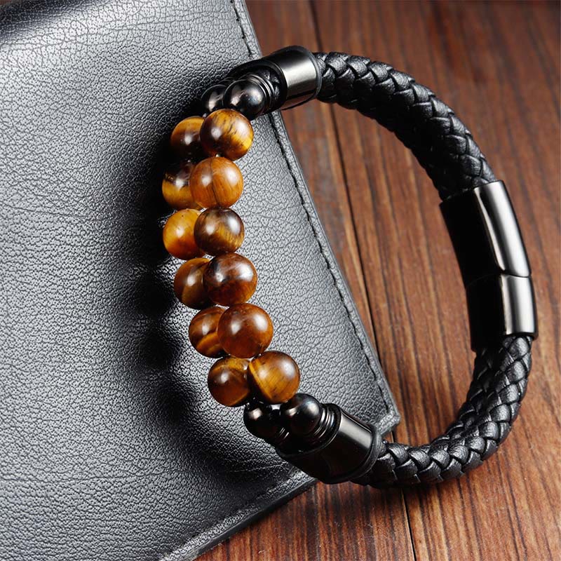 Armband Tigerauge Leder Schutz geflochten Magnetverschluss Herren Handgelenk Schmuck