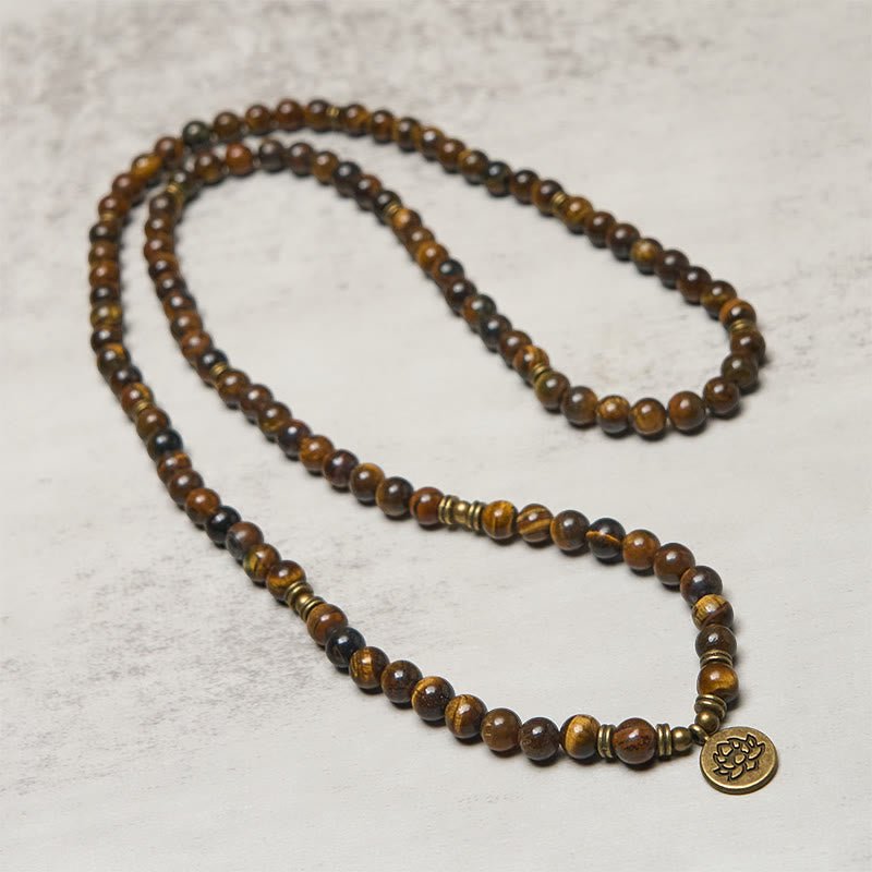 Armband Tigerauge Lotus Stärke Mala Perlen Anhänger Bronze Schutz
