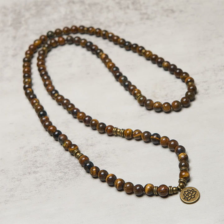 Armband Tigerauge Lotus Stärke Mala Perlen Anhänger Bronze Schutz