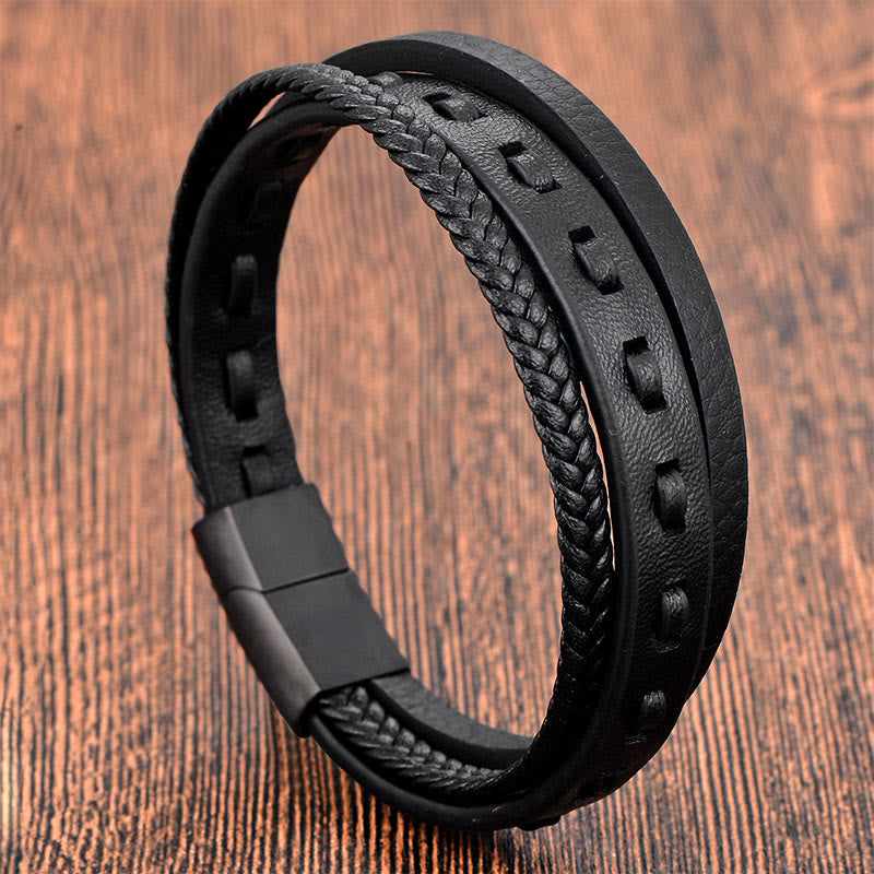 Armband Titanstahl Buckle Layered Geflochten Leder Ruhe schwarz Herren Handgelenk Schmuck