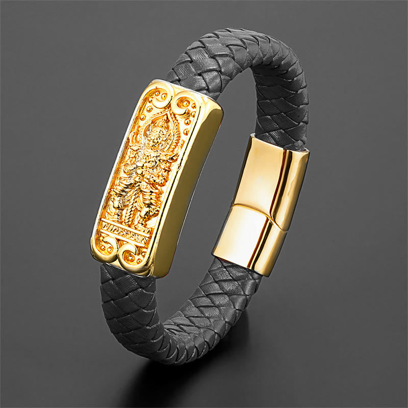 Schwarzes Leder Armband Buddha Symbol Titanstahl Verschluss Stärke Gold