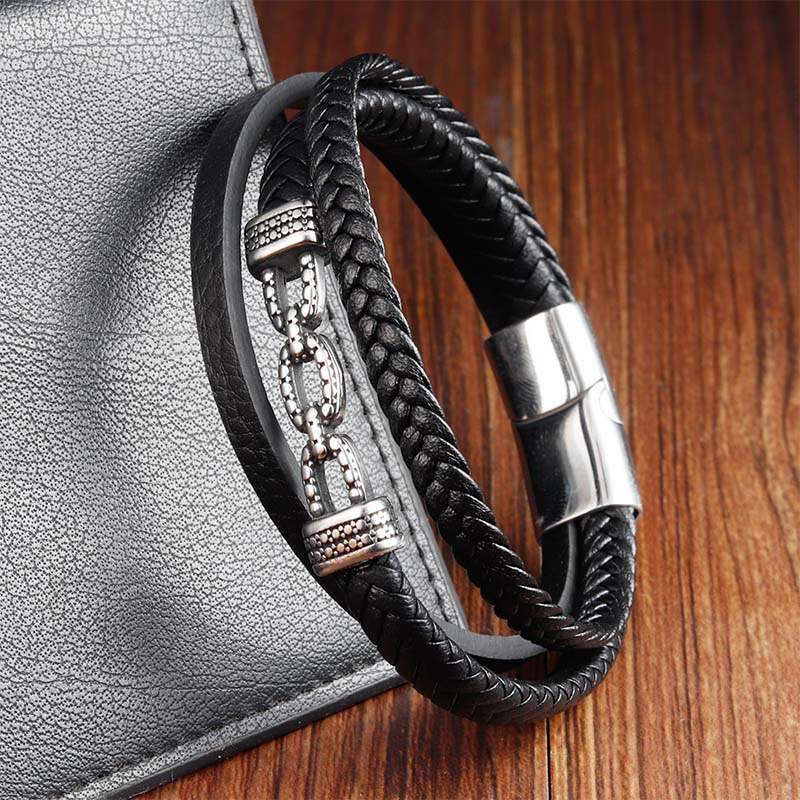 Titanstahl Armband Chain Link mit Leder geflochten Stärke Handgelenk