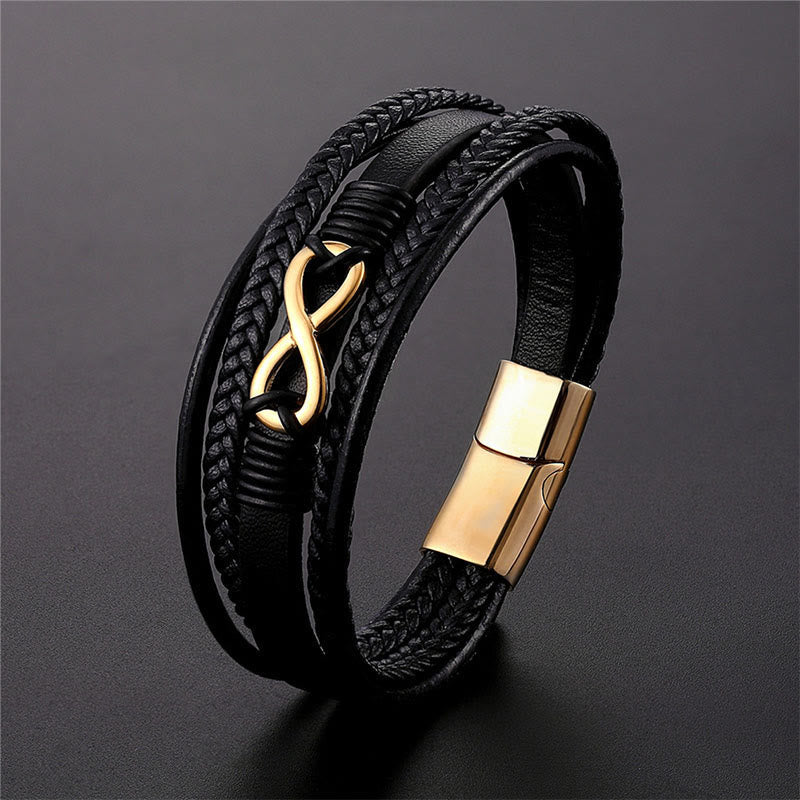 Infinity Armband Leder geflochten Titanstahl Verschluss gold Stärke Layered