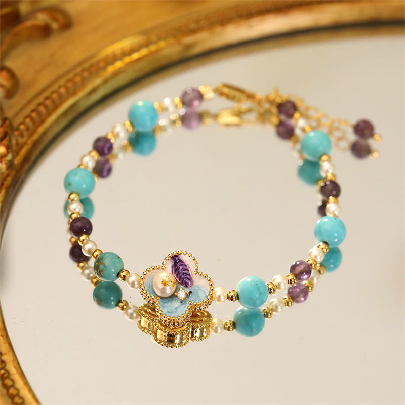 Armband Türkis Kupfer Blume – Glück Blue Bead (Natural Pearl Irregular&Unique)(Wrist Circumference: 14-16cm)