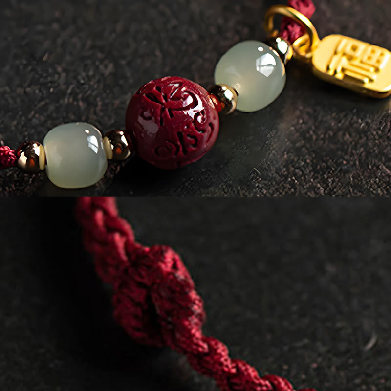 Armband Zinnober Jade Om Mani Padme Hum Wohlstand geflochten rote Kordel Detail