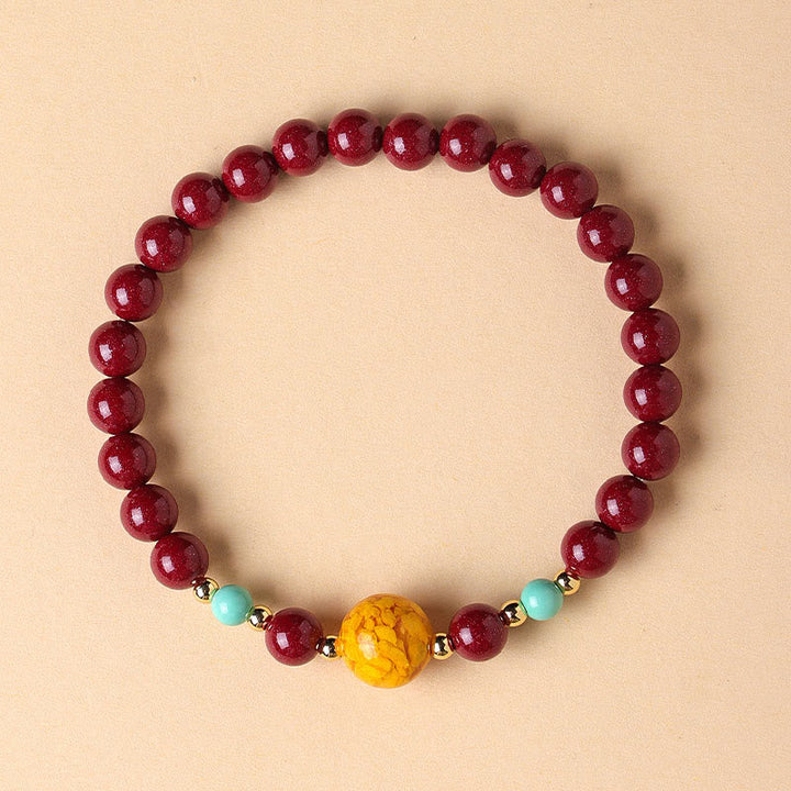 Armband Türkis Zinnober – Energie rote Perlen gelber Stein Handgelenk Schmuck