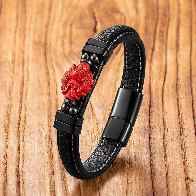 Armband Zinnober Fu-Zeichen Leder – Segen Dragon Head&Fish