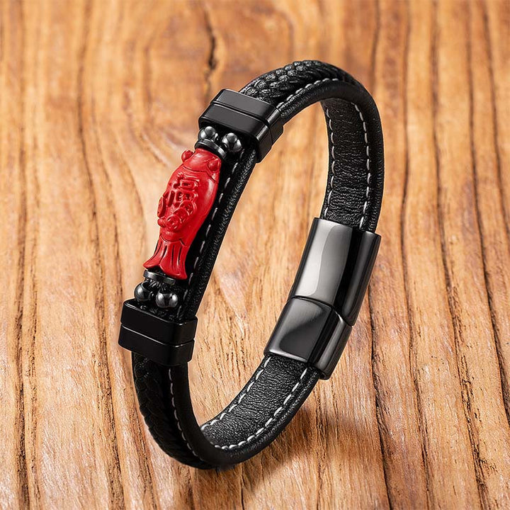 Armband Zinnober Fu-Zeichen Leder – Segen Koi Fish&Fu Character