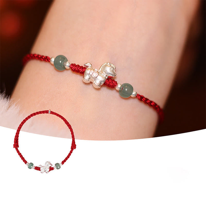 Armband Zinnober Jade Red Rope Silver Horse(Wrist Circumference:14-16 cm)