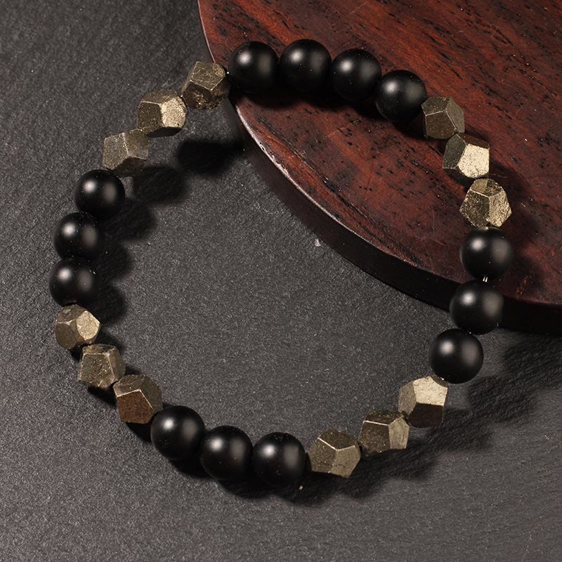 Armband Pyrit Gefrosteter Stein Selbstvertrauen Gleichgewicht schwarze Perlen Holz
