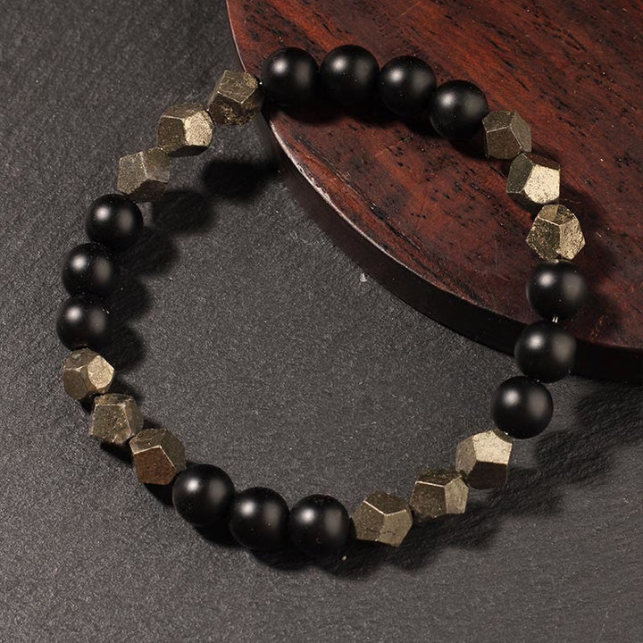 Armband Pyrit Gefrosteter Stein Selbstvertrauen Gleichgewicht schwarze Perlen Holz