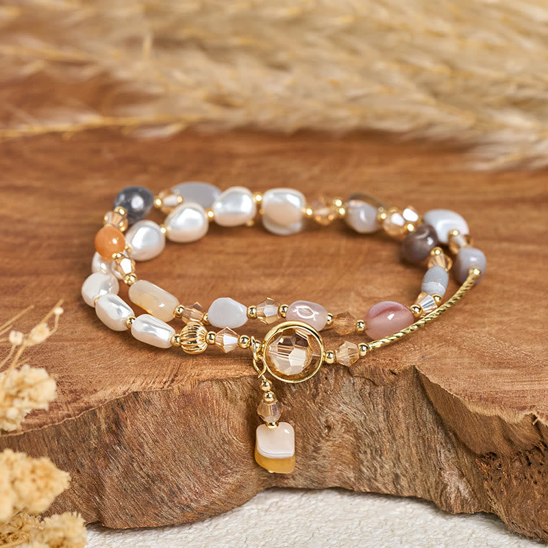 Armband Perle Glas Perlen Doppel Naturstein Anhänger Damen Handgelenk Schmuck