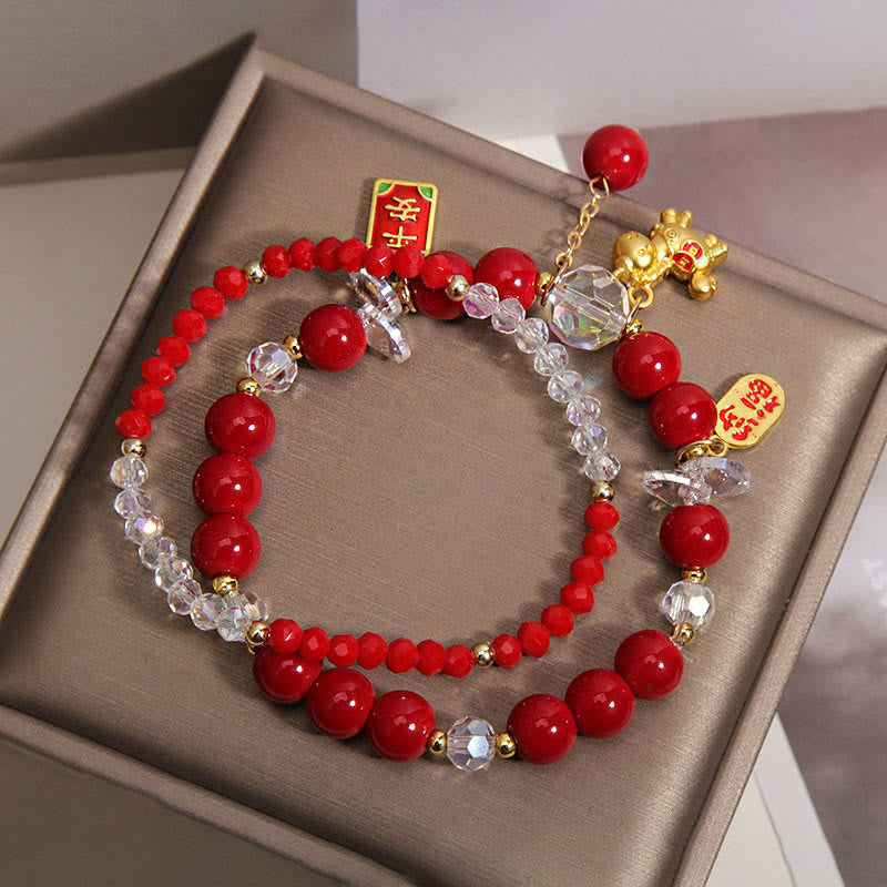 Armband Jahr Des Pferdes – Wohlstand rote Perlen Kristall goldenes Pferd Glücksanhänger