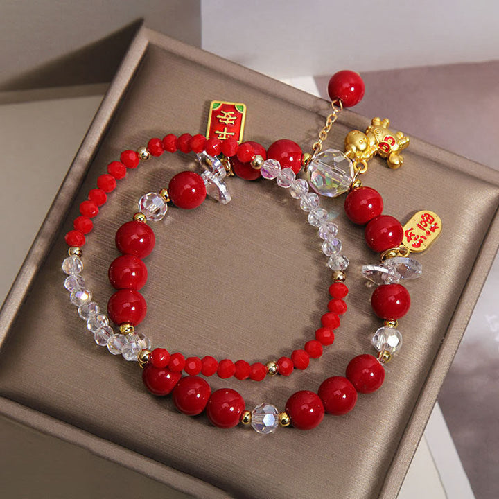 Armband Jahr Des Pferdes – Wohlstand rote Perlen Kristall goldenes Pferd Glücksanhänger