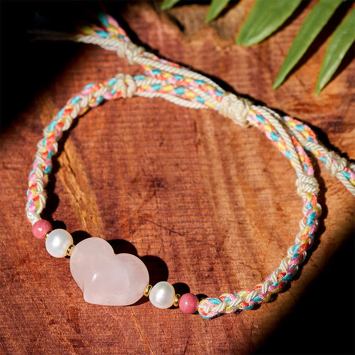 Armband Kristall – Liebe & Wärme Rosenquarz Herz Perlen geflochten Handgelenk
