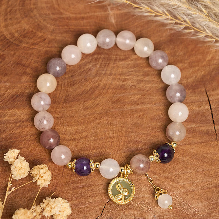 Armband Jade Fu-Zeichen Amethyst Rosenquarz Perlen goldener Anhänger Glück