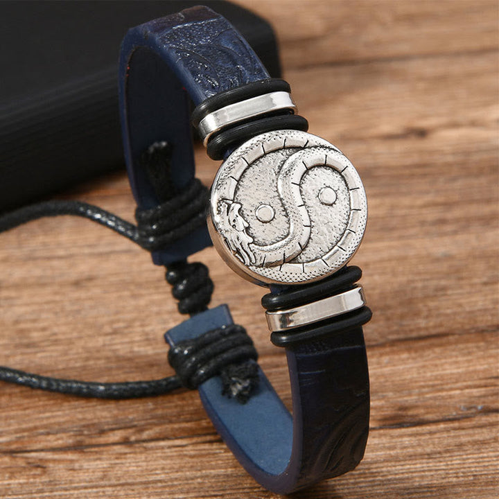 Armband Leder Drache Yin Yang Balance Silber Medaillon Handgelenk Schmuck