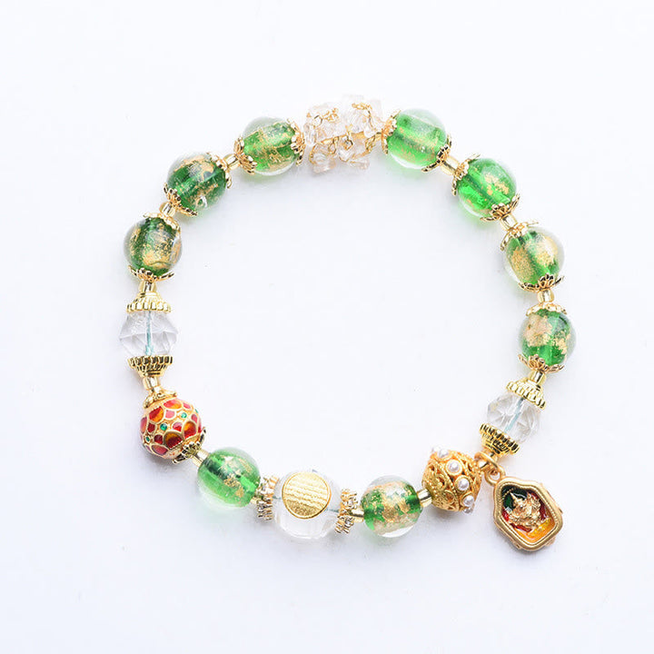 Grünes Glasperlen Armband 925 Silber Kupfer goldene Verzierungen Buddha Anhänger