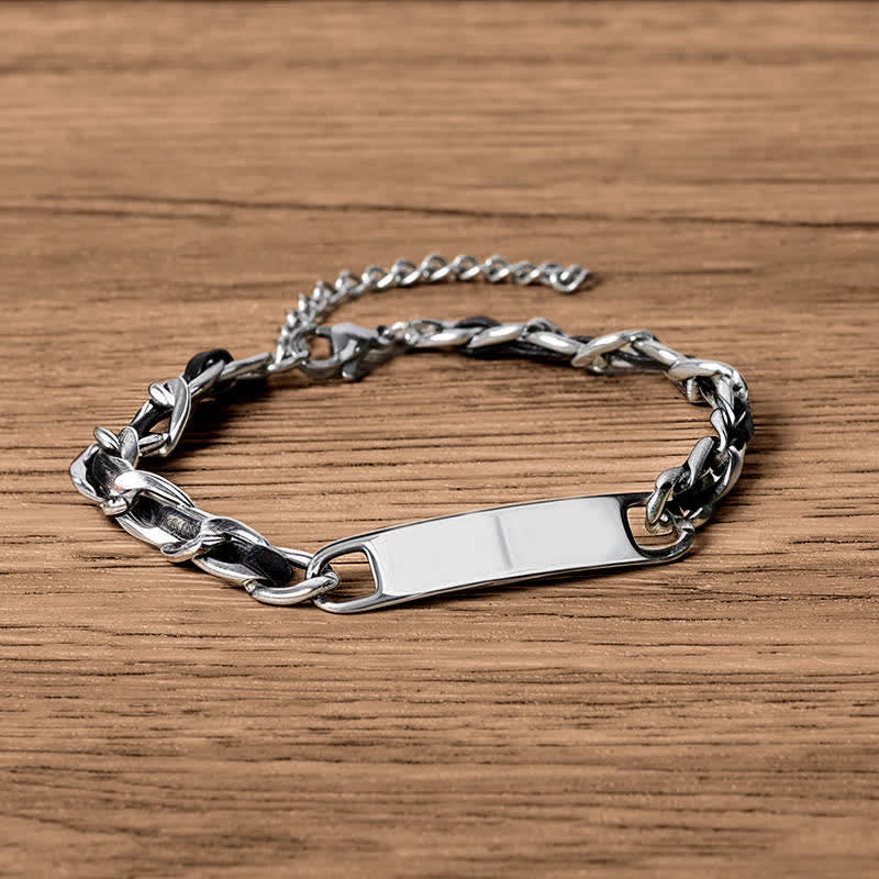 Armband Chain Leder Inlay Bar Plate Stärke Edelstahl Silber Holz