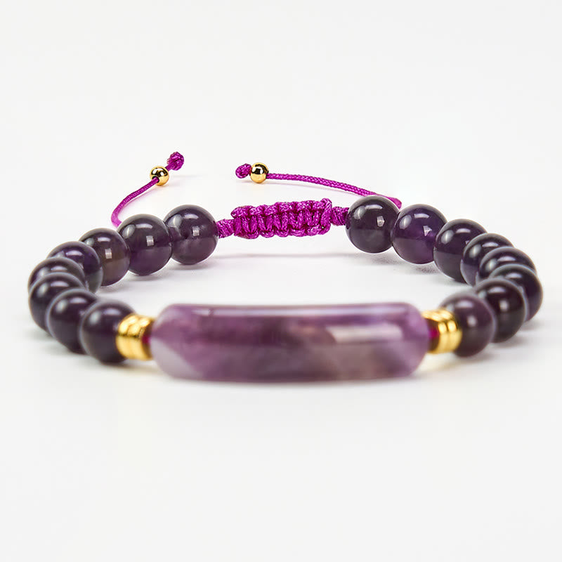 Armband Erdbeerquarz Grüner Aventurin – Positivität mit lila Perlen am Handgelenk