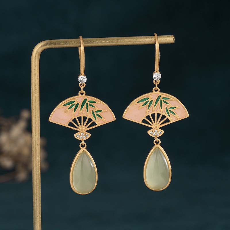 Ohrringe Aventurin Fächer Glück Bambus Jade Tropfen Boho Schmuck spirituell