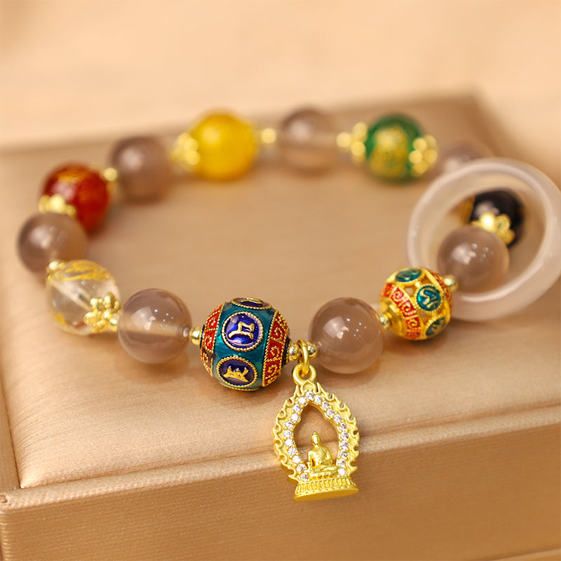 Armband Achat Om Mani Padme Hum Wohlstand mit Anhänger elastisch