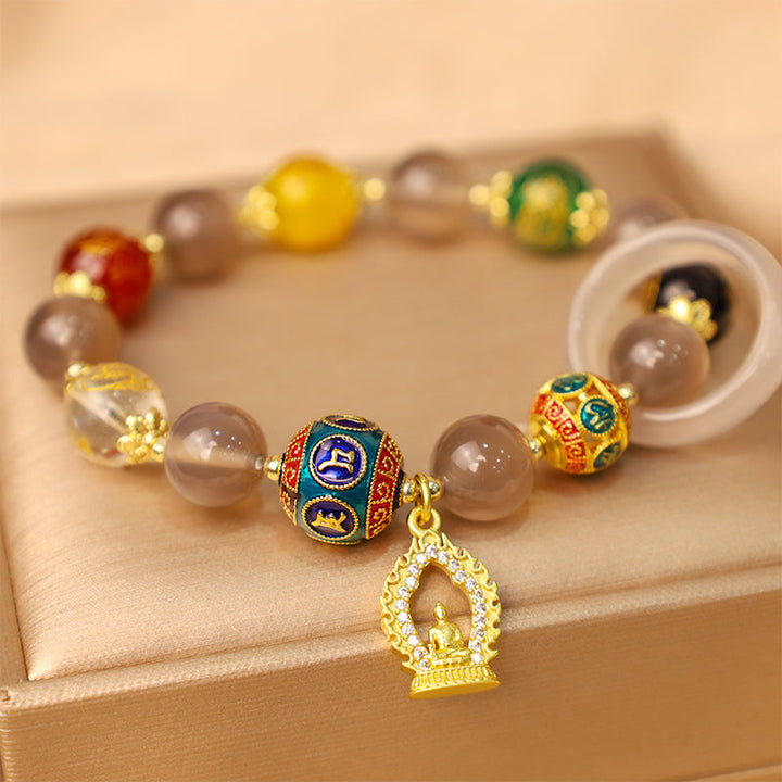 Armband Achat Om Mani Padme Hum Wohlstand mit Anhänger elastisch