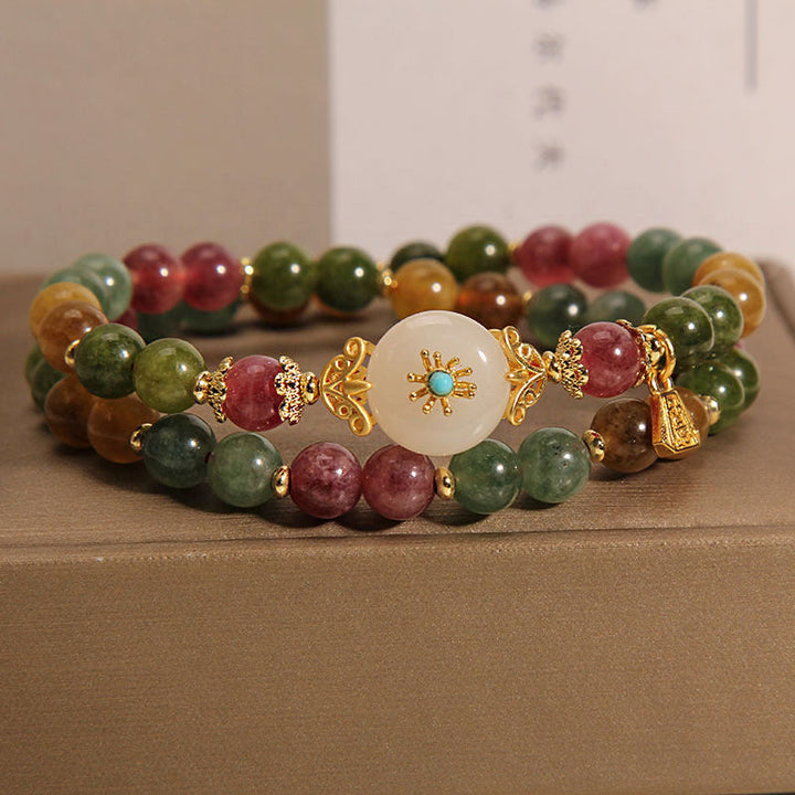 Armband Bunt Tourmaline Jade Blume Gold Perlen Naturstein elegant