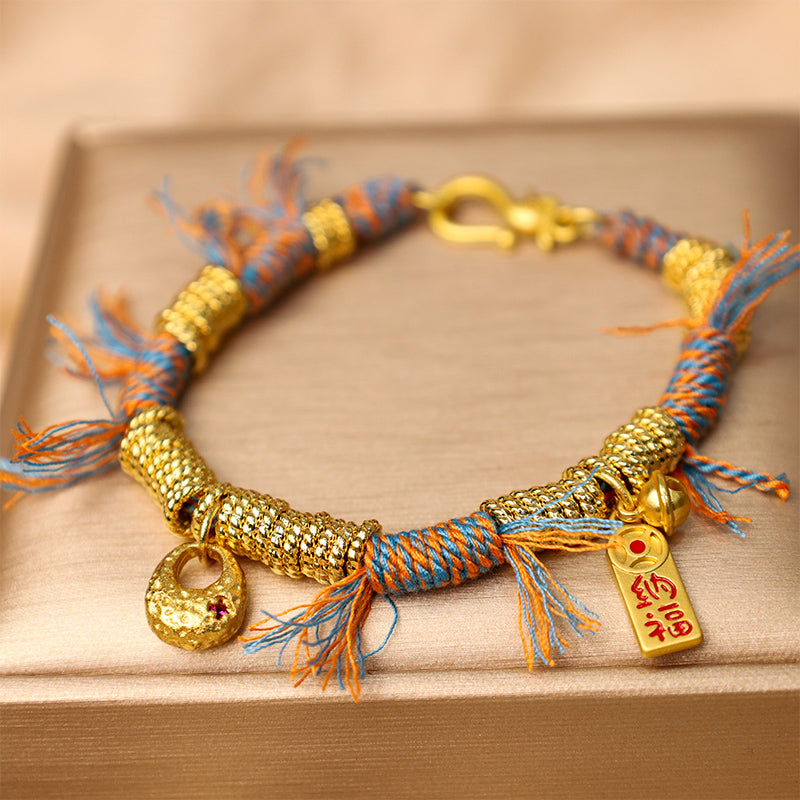 Armband Tibet Glücklich Bunt Gold Blau Orange Quasten Glück