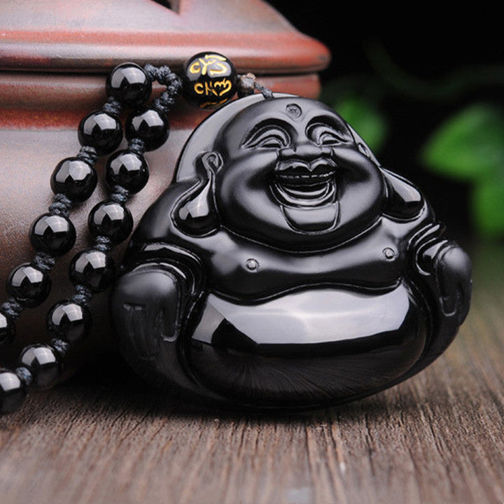 Anhänger Kette Obsidian Lachender Buddha schwarz Perlenkette