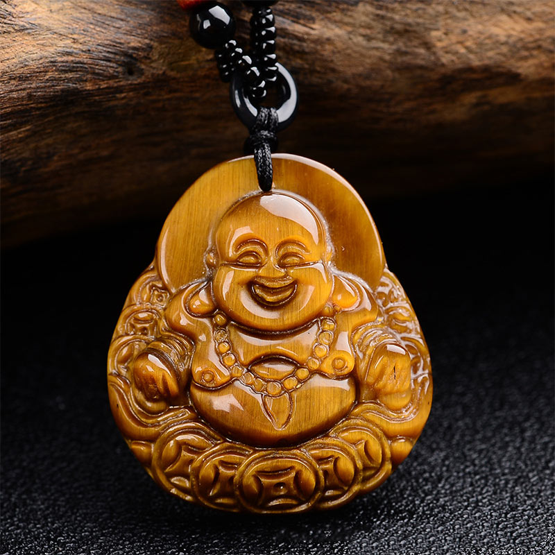 Kette Tigerauge lachender Buddha Segen Anhänger Naturstein
