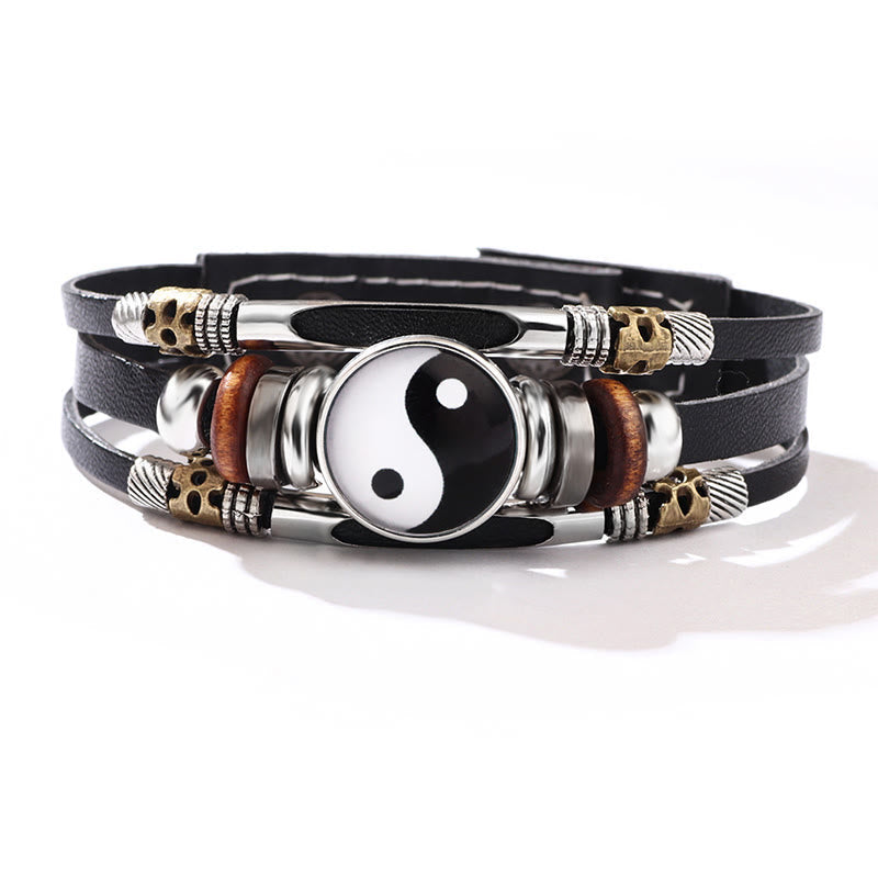 Armband Yin Yang – Balance Energie schwarzes Leder mehrschichtig Naturstein