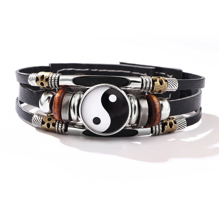 Armband Yin Yang – Balance Energie schwarzes Leder mehrschichtig Naturstein