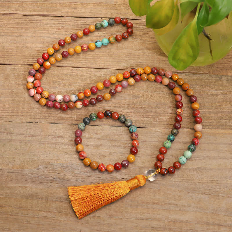 Mala 108 Perlen Mookaite Emotional Halskette mit orangem Quastenverschluss Holz
