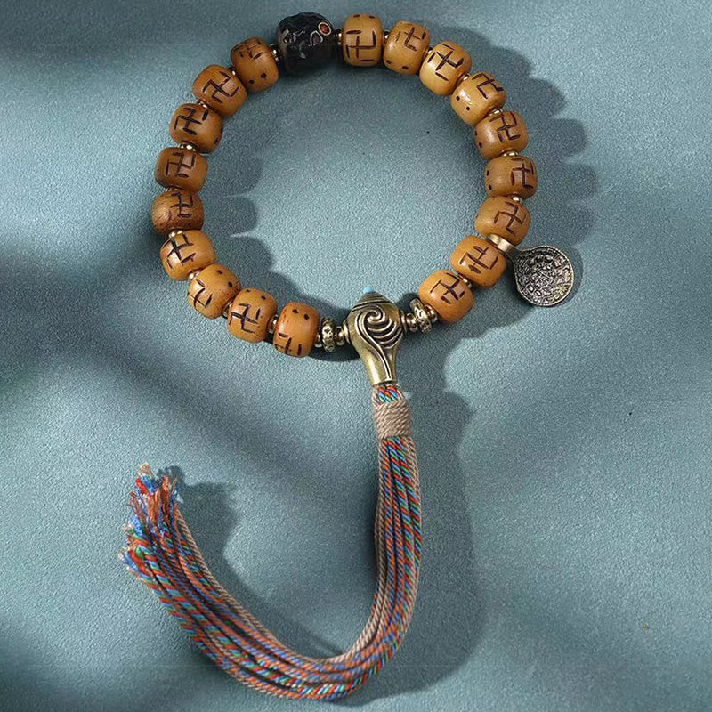 Armband Kamelknochen mit Quasten Schutz Glück Holzperlen Silber.