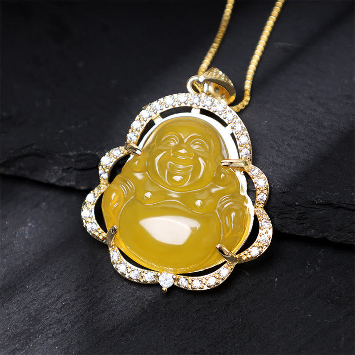 Anhänger Jade Buddha mit Diamanten Besatz goldene Fassung Kette