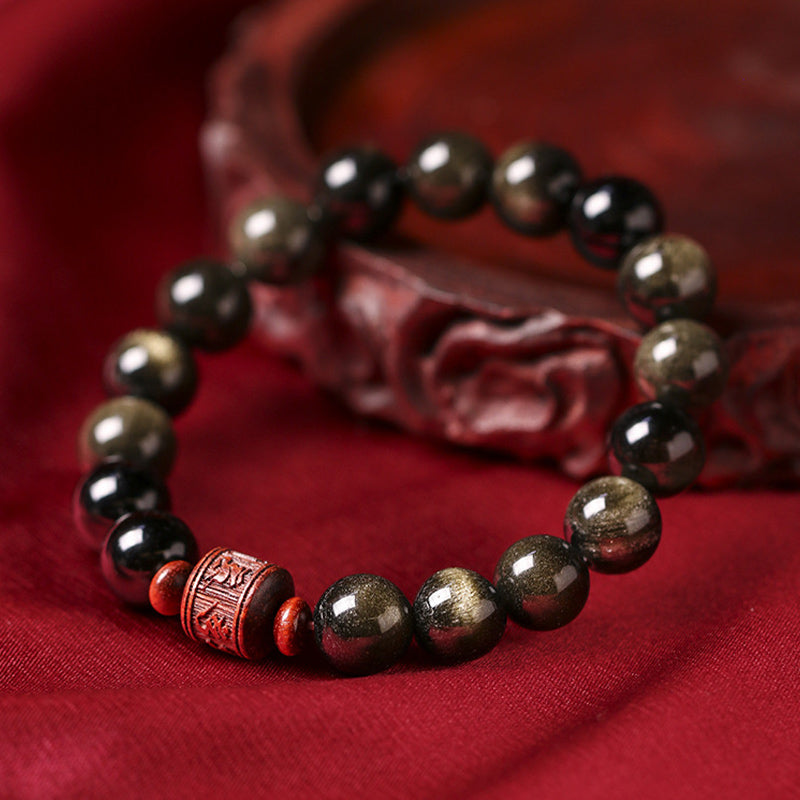Obsidian Armband Om Mani Padme Hum mit roten Perlen Heilung