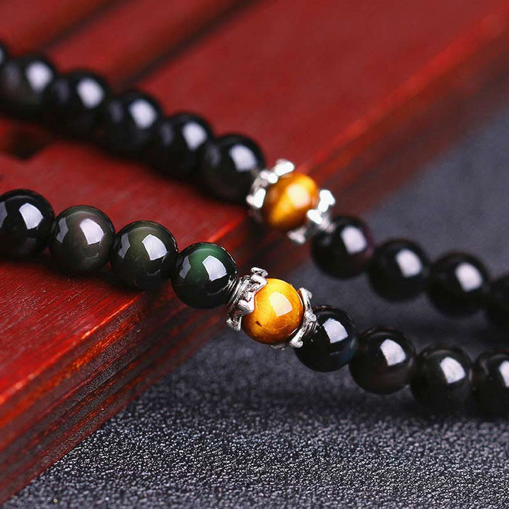 Schwarzer Obsidian Tigerauge Armband mit silbernen Perlen Accessoire