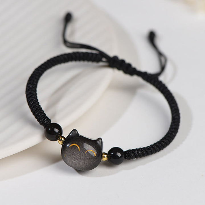Armband Silber Obsidian Erdbeerquarz Katze – Schutz