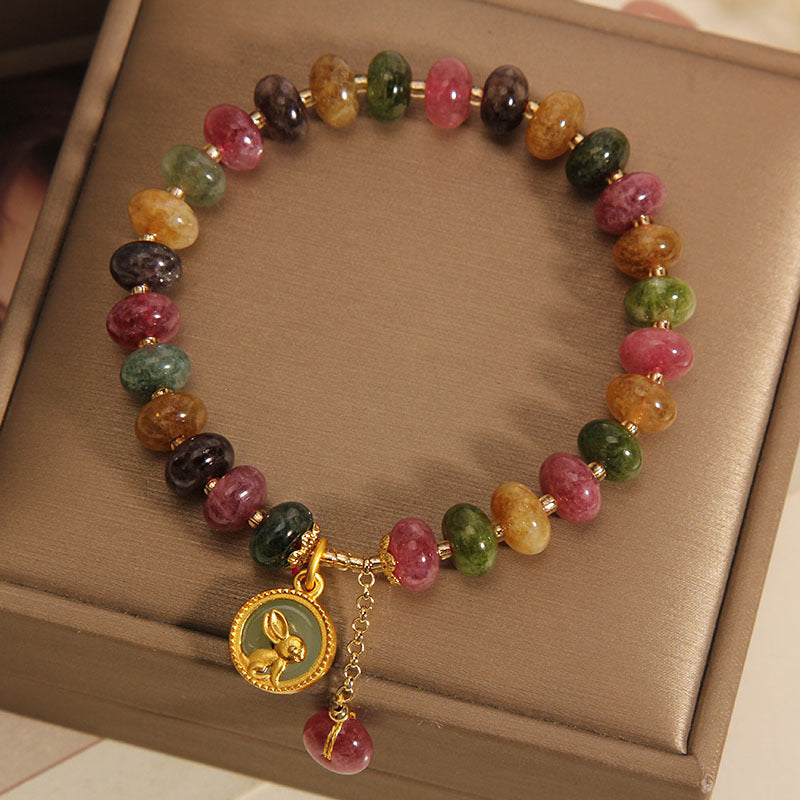 Armband Bunt Tourmaline Hase mit goldenem Anhänger elastisch Naturstein