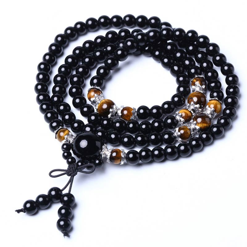 Mala 108 Perlen Schwarzer Obsidian Tigerauge