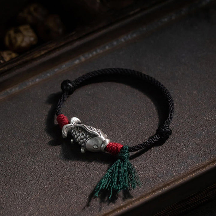 Armband 925 Silber Koi Fisch Glück schwarze Kordel Quaste Detail