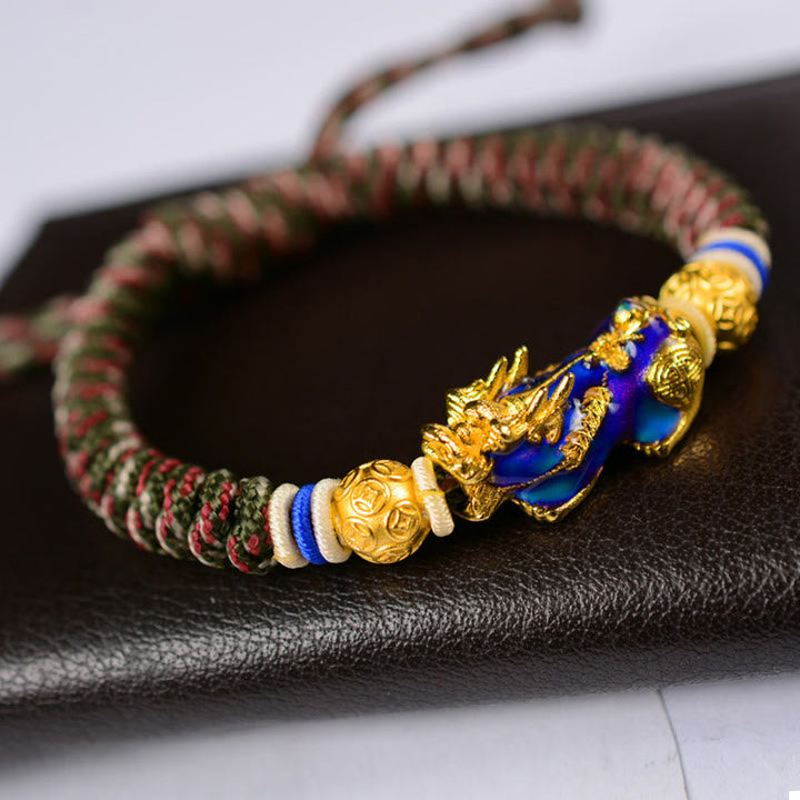 Armband Kupfer Pixiu Wohlstand mit goldfarbenen Perlen und buntem Seil