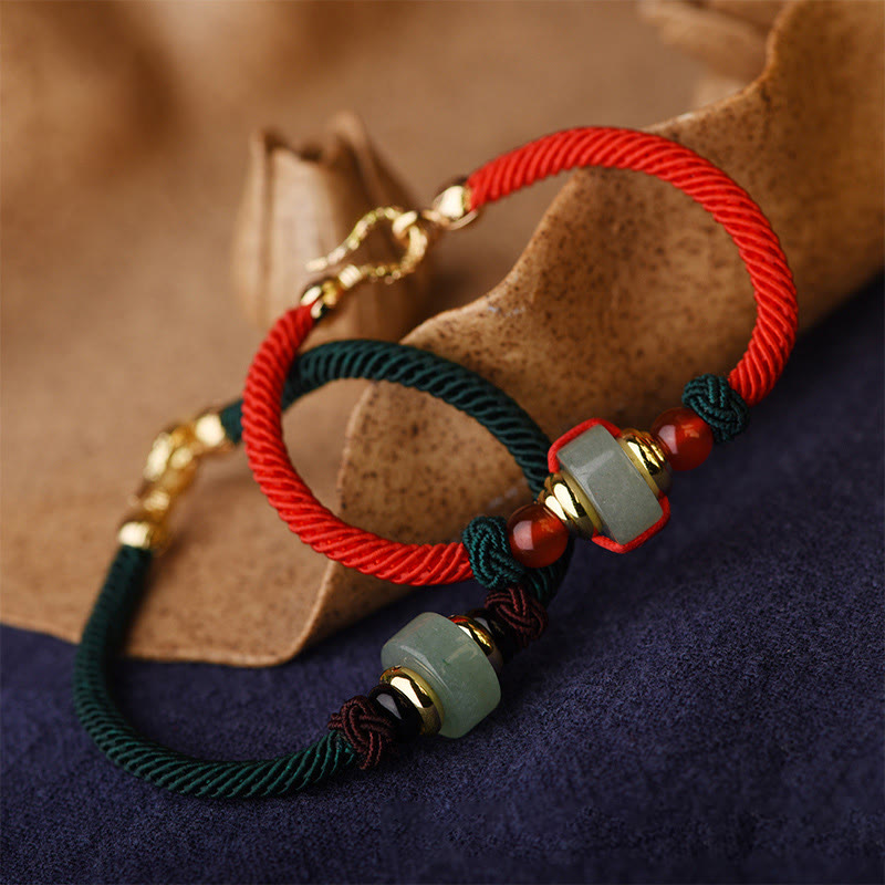 Armband Grüner Aventurin – Glück Energie rotes Seil elastisch Naturstein