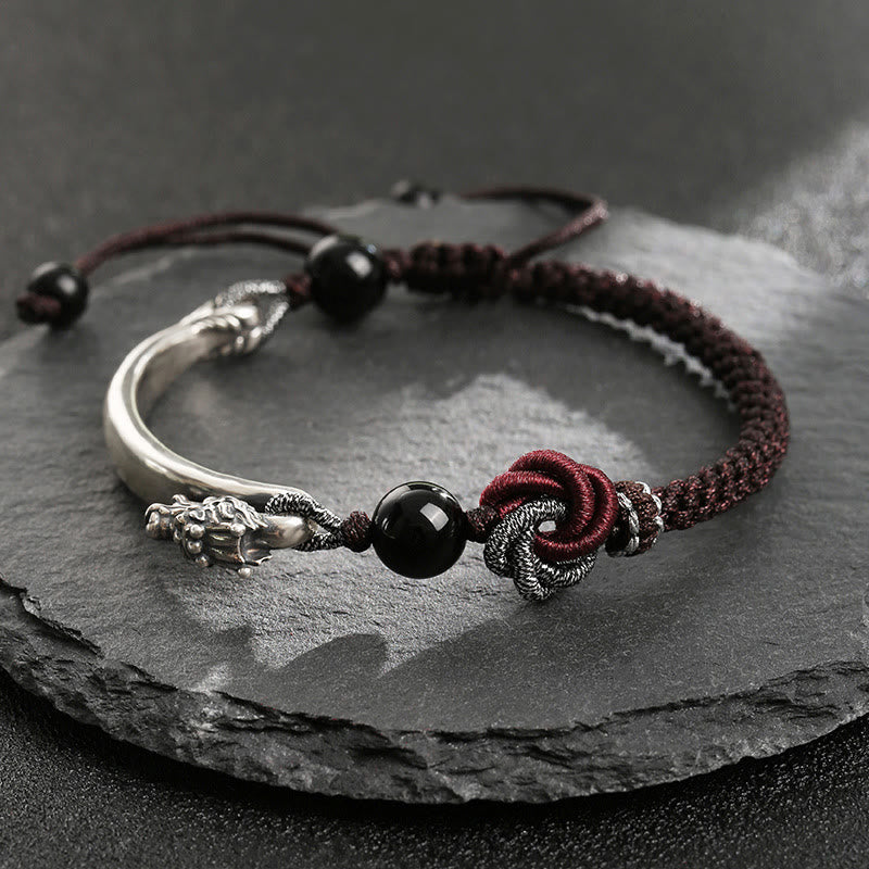 Armband 925 Silber Drachen mit schwarzem Obsidian Stein elastisch tragbar