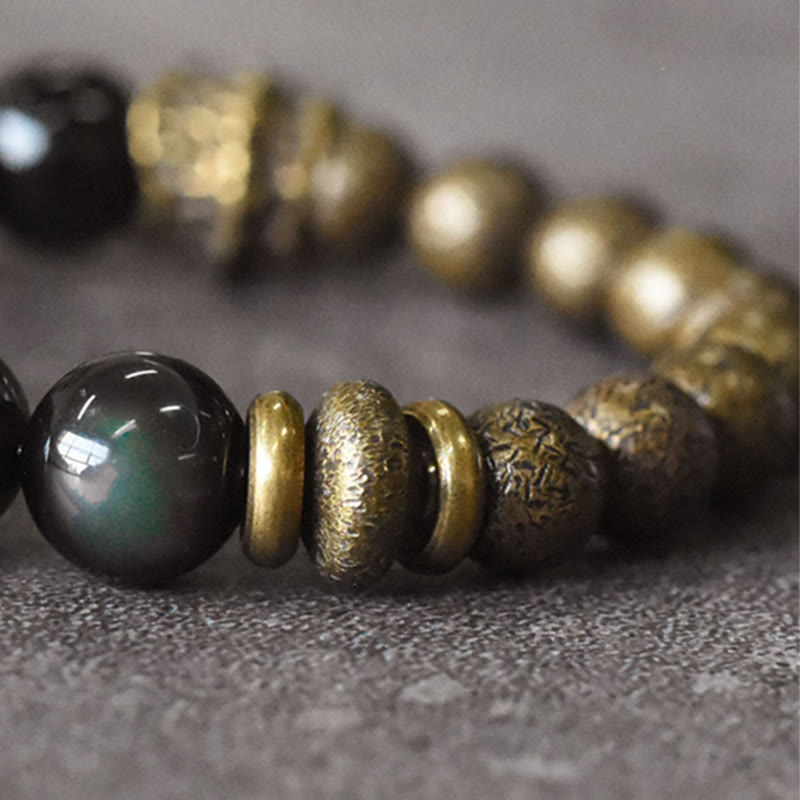 Armband Obsidian Kupfer – Energie schwarze glänzende Perlen bronze Spacer