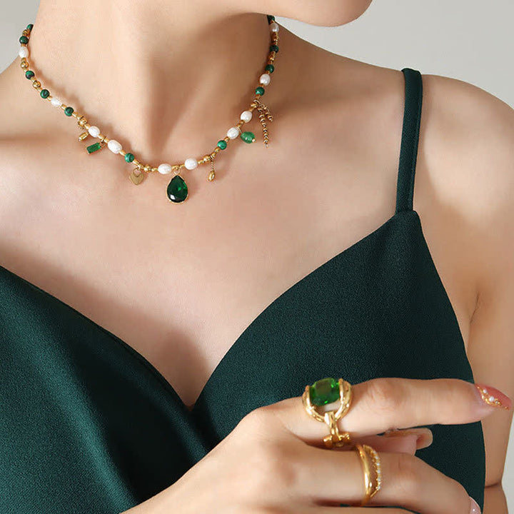 Kette Perle Grün Zirkon Tropfen Gold