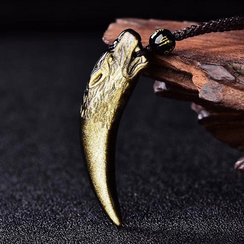 Obsidian Anhänger Kette Wolf Wolfszahn golden Stärke Natur