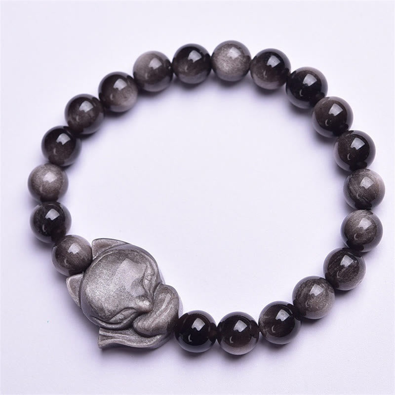 Armband Silber Obsidian Fuchs schwarze glänzende Perlen Schutz Amulett
